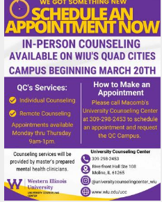 西伊利诺伊大学咨询中心 将在QuadCities校区提供面对面的咨询课程